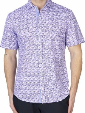 Tailorbyrd Retro Floral Purple Short-Sleeve Cotton Button-Up Shirt Men’s Large